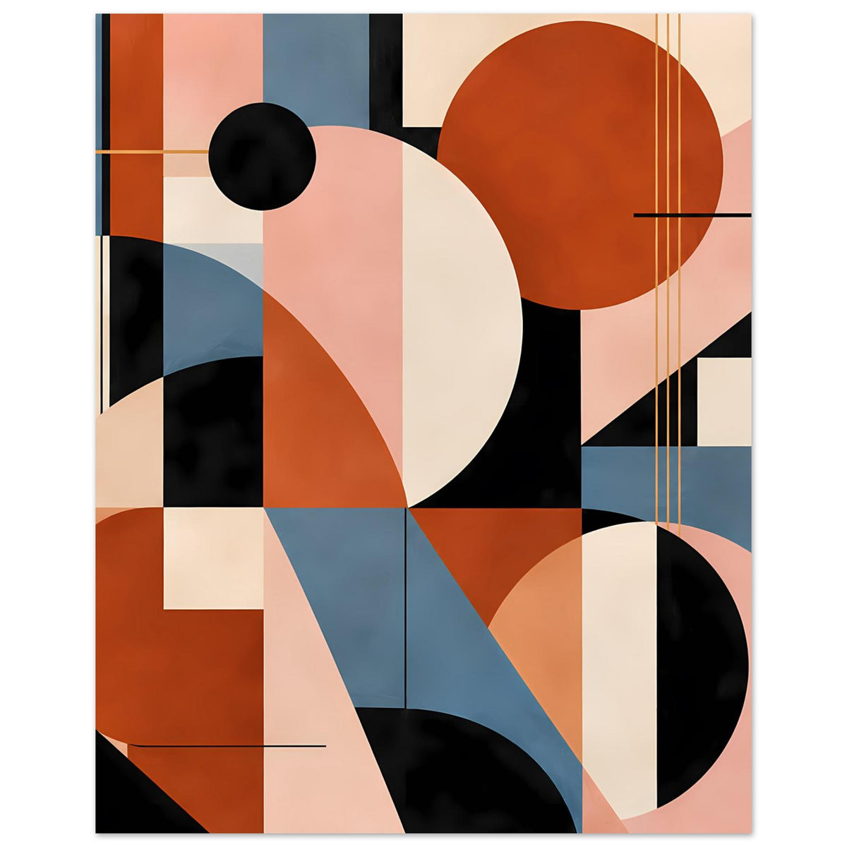 Geometrisches Kunstposter mit großen Halbkreisen, Streifen und Rechtecken in Terrakotta und Staubblau.