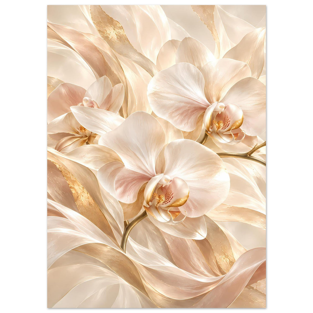Orchideen-Poster, hochformatiger Druck mit weißen Blüten und cremefarbenen Swirls