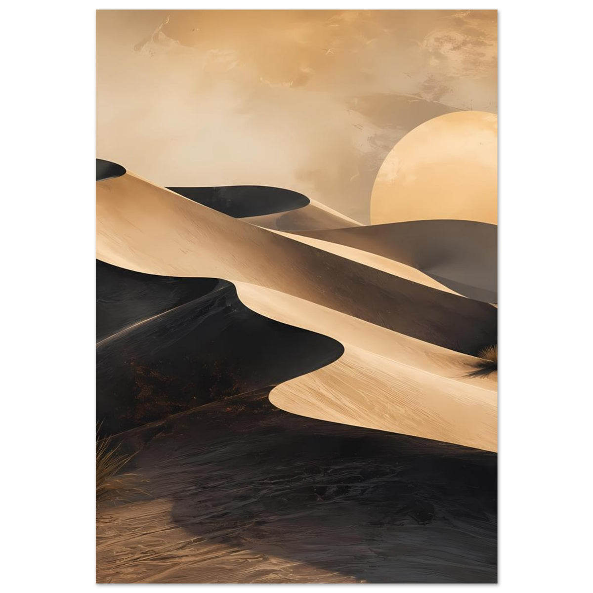 Wüstenposter im Hochformat: goldene Sandbögen über dunklen Dünen, Mondsichel oben rechts.
