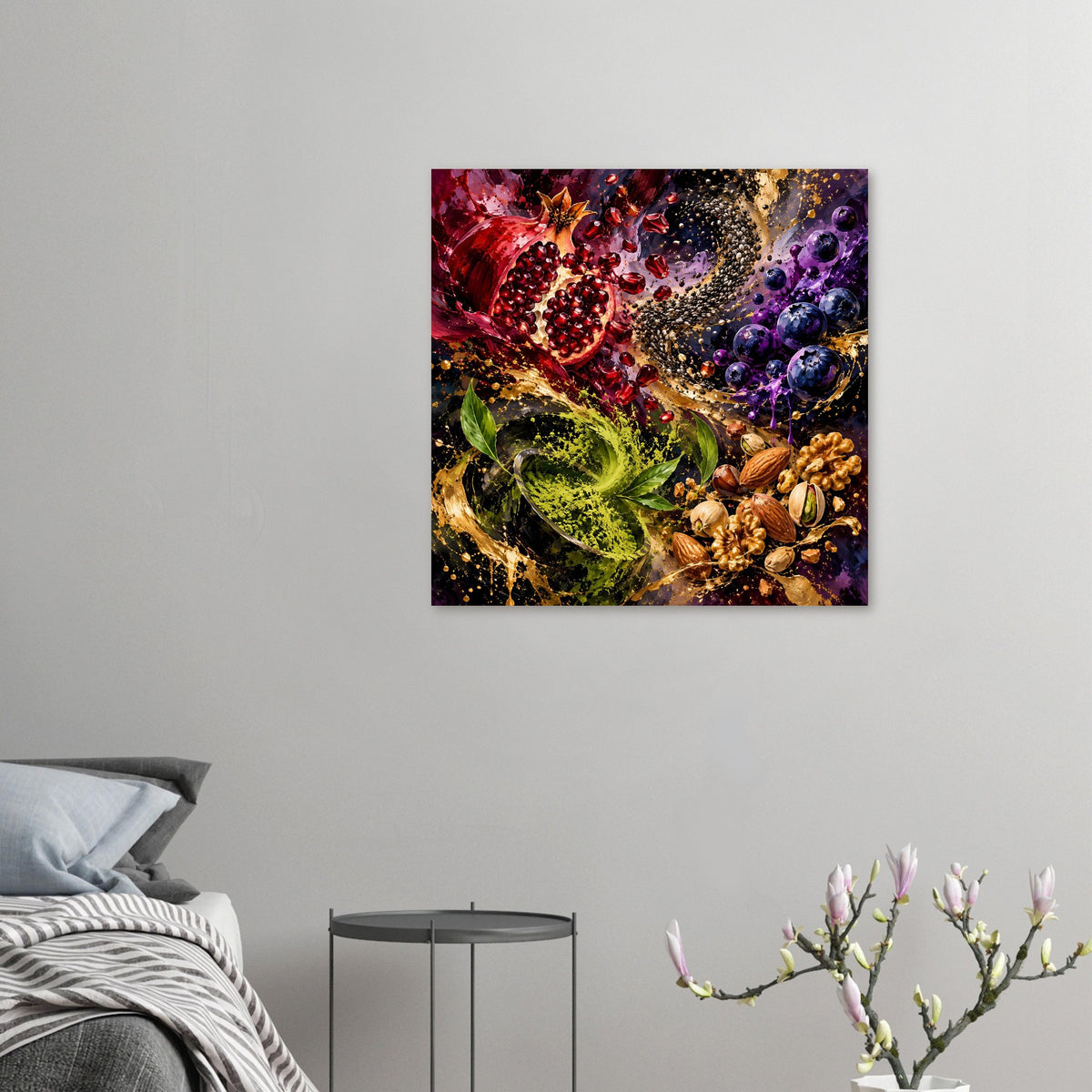 Quadratisches Poster mit abstraktem Superfood-Motiv in Rot, Violett, Grün und Gold