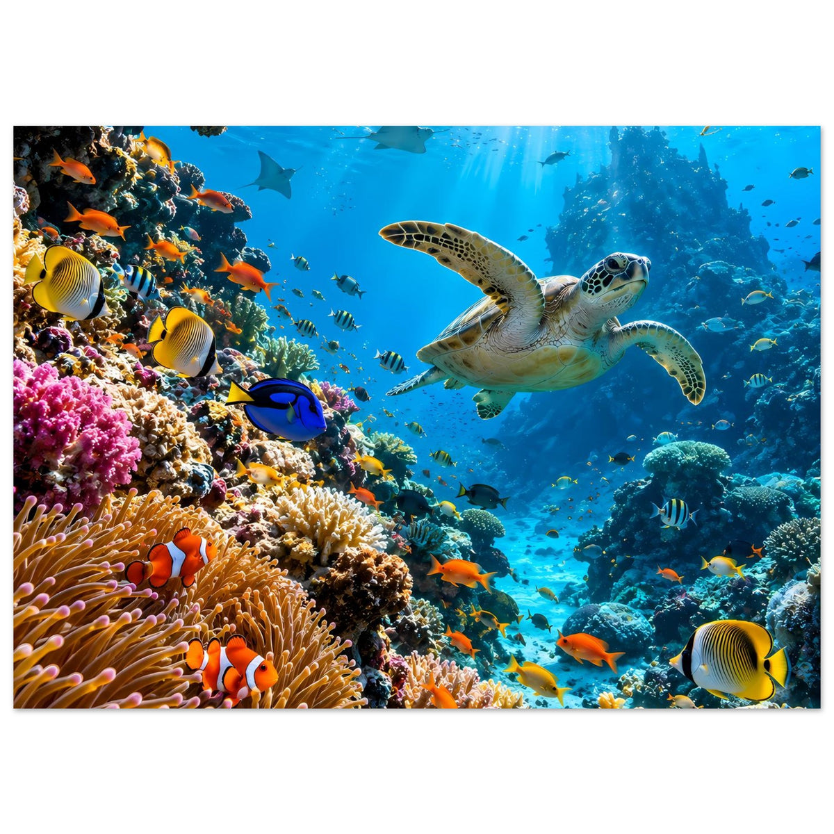 Poster Unterwasser-Korallenriff: Meeresschildkröte, orange Anemonen und gelbe Fische
