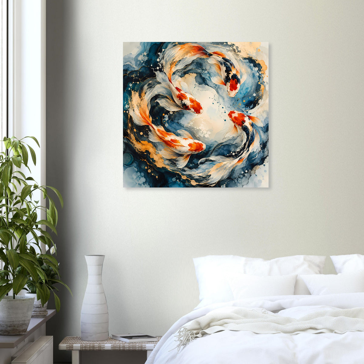 Quadratisches Wandposter mit Koi-Fischpaar im Spiralwirbel, Blau, Orange, Creme