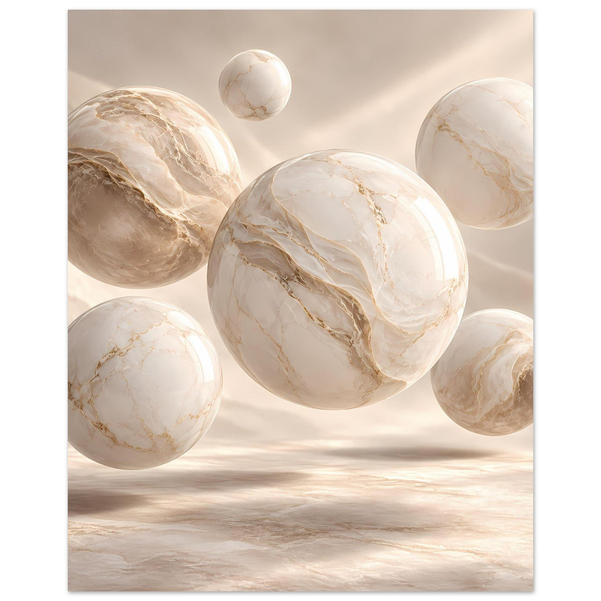 Poster mit marmorierten Kugeln in Creme, zentrale Kugel im Fokus, Hochformat