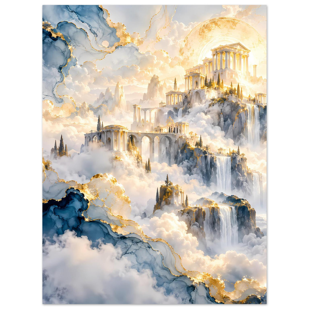 Vertikales Poster mit Tempelarchitektur über Wolken, blauen Farbfeldern und goldenen Lichtern