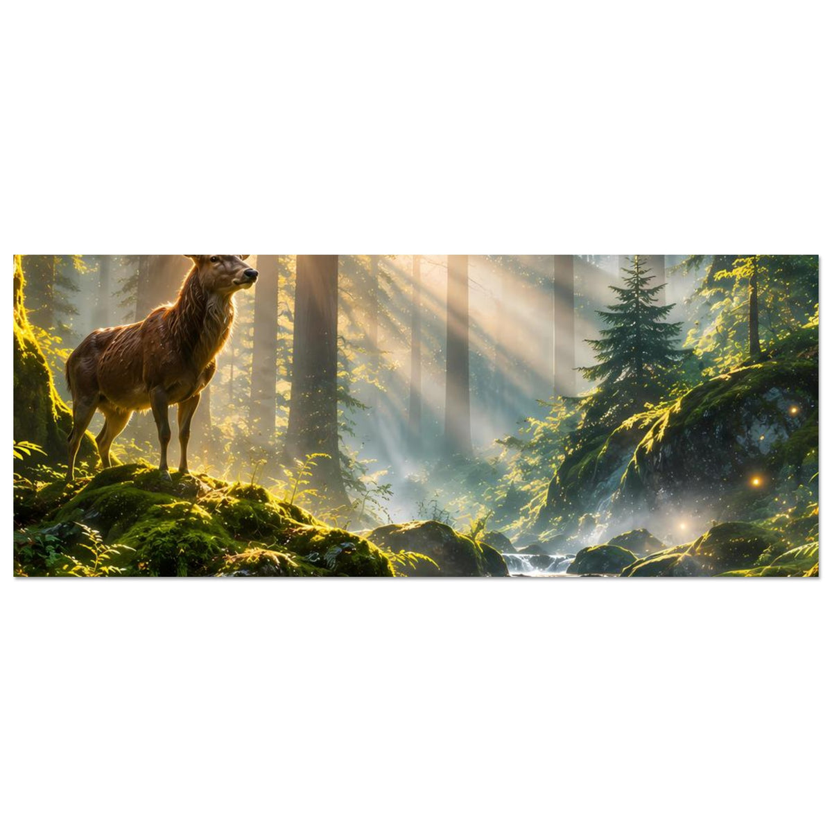 Horizontales Poster: Hirsch auf Fels im Wald, Sonnenstrahlen, Wasserfall und Tannen