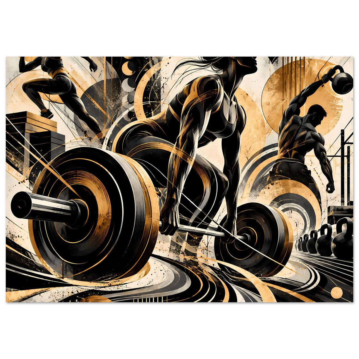 Fitness-Actionposter im Querformat mit Hantelplatten und Silhouette, abstrakte Gold/Schwarz-Flächen