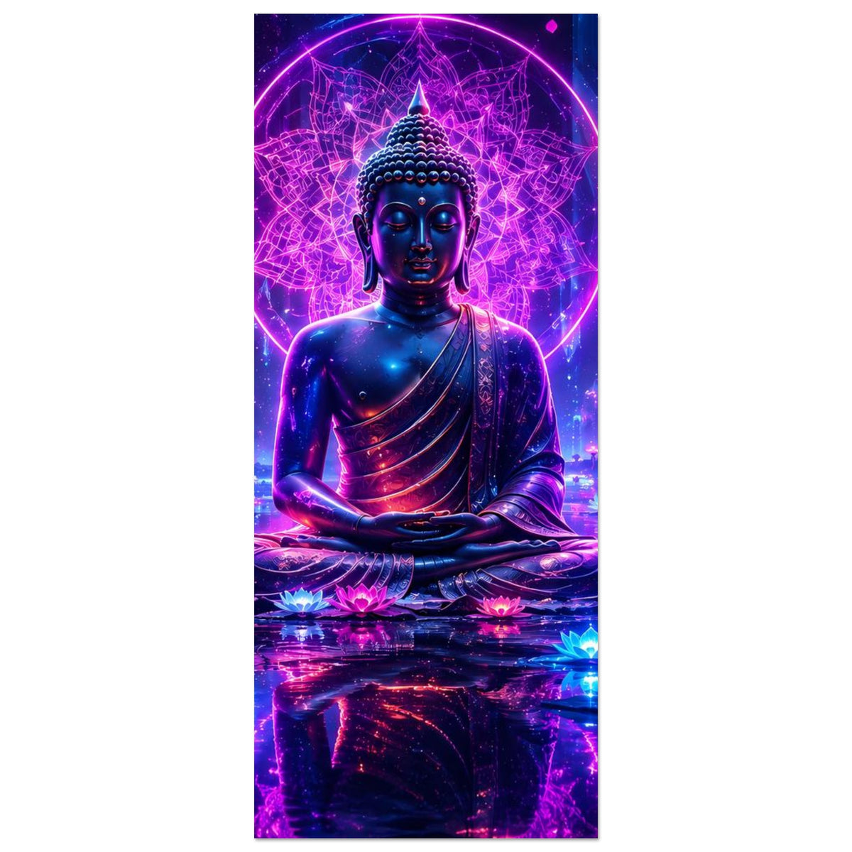 Vertikales Poster: blauer Buddha im Lotussitz vor neonleuchtendem Ring und violetten Lotusblüten