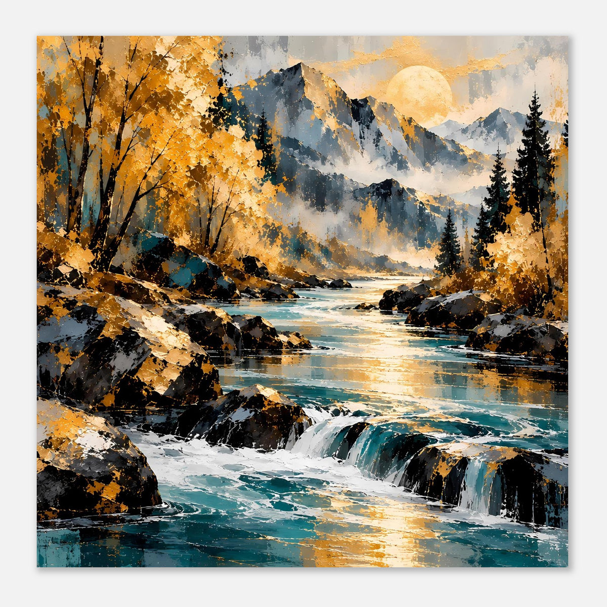 Herbstlandschaft-Poster: Fluss mit Wasserfällen, goldenes Laub, Berge und Tannen