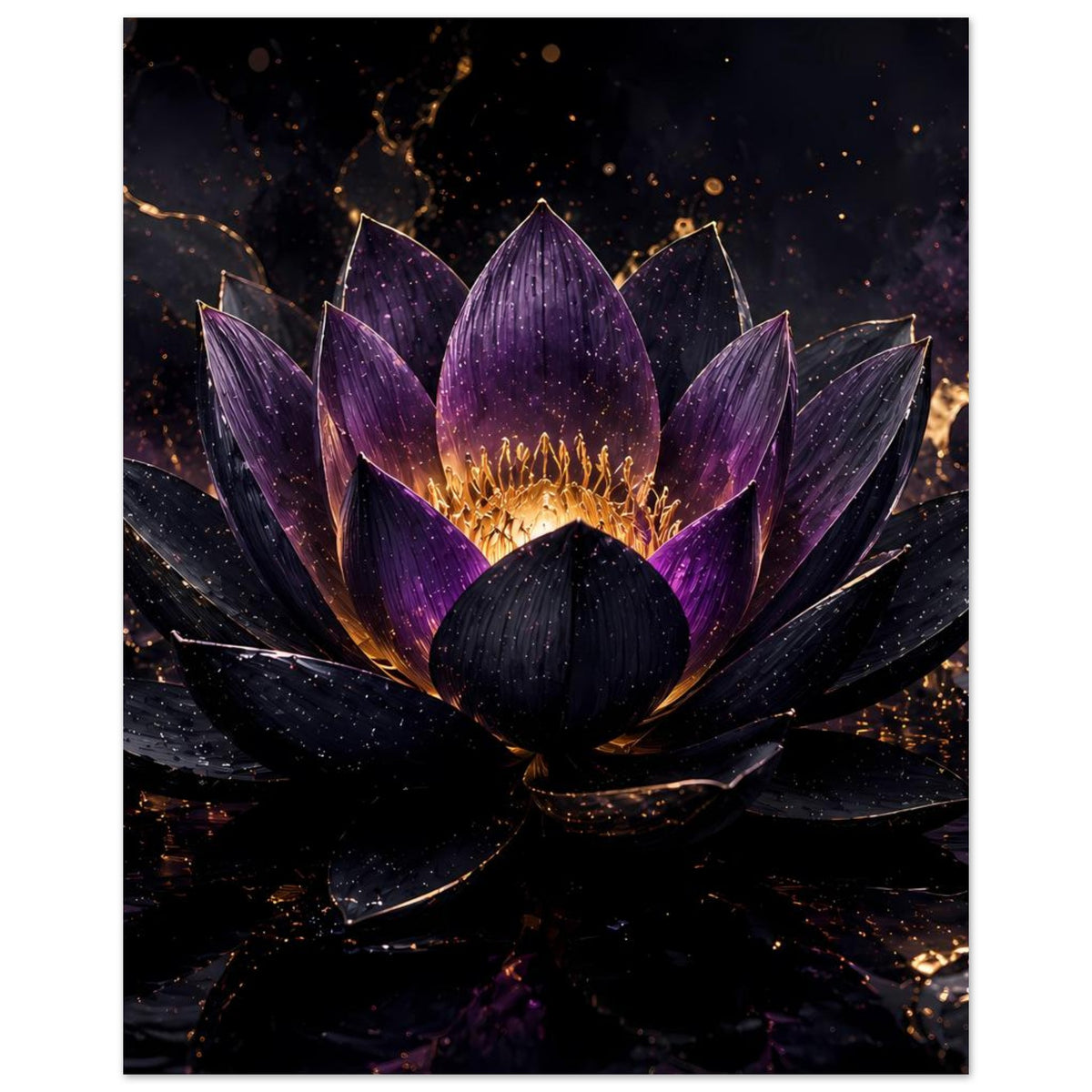 Poster mit violetter Lotusblüte, gold schimmerndem Inneren und dunklen Blütenblättern.