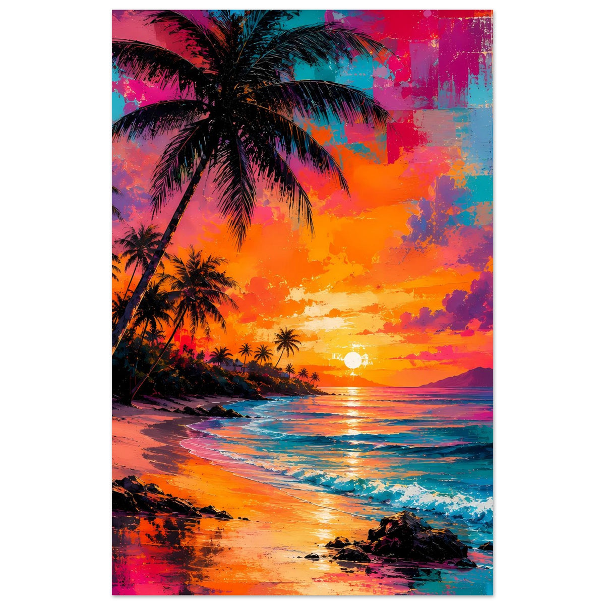 Hochformat-Poster mit Palmen am Strand und abstraktem Neon-Sonnenuntergang
