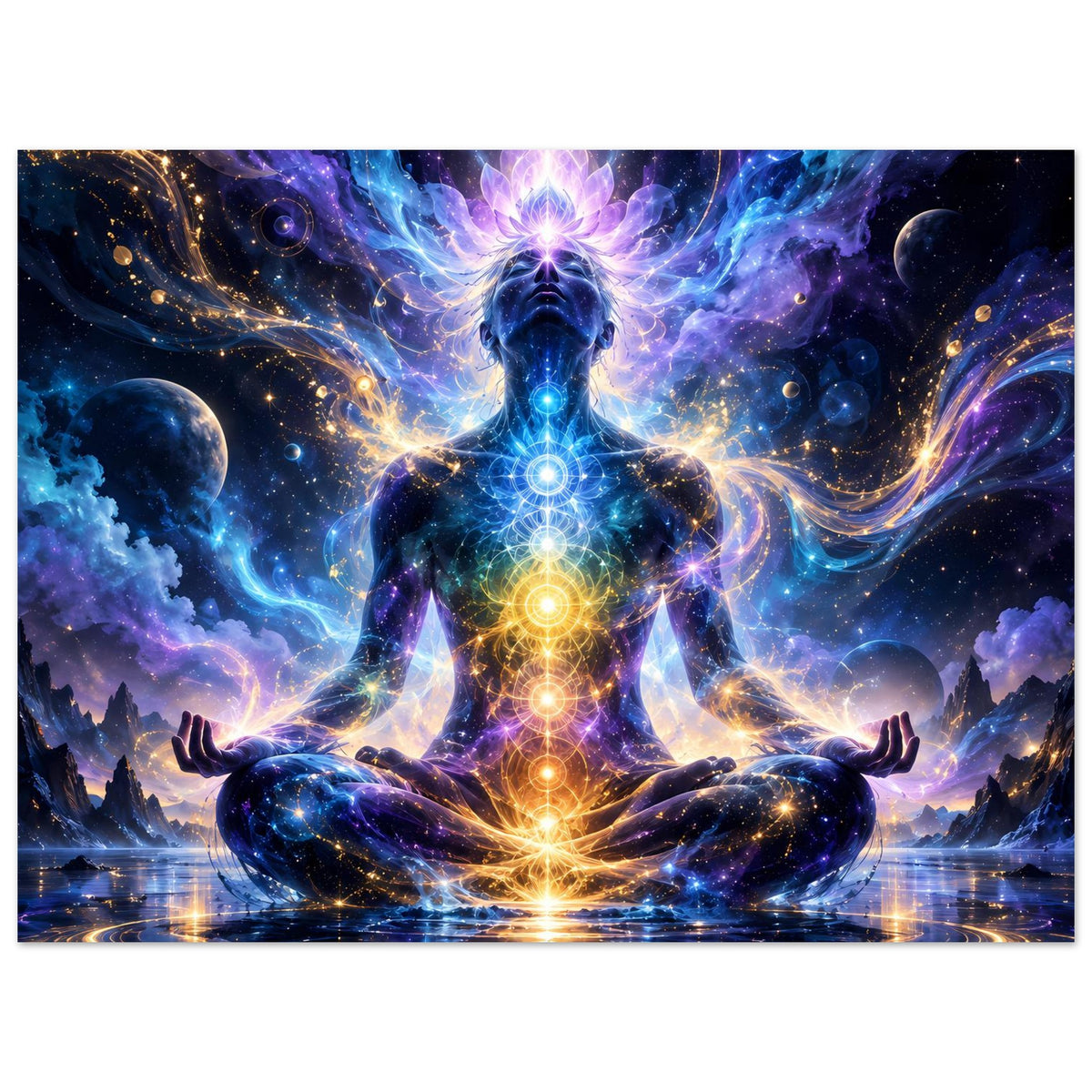 Querformat-Poster: meditierende Chakra-Figur im Sternenraum, goldene Lichtspur am Boden