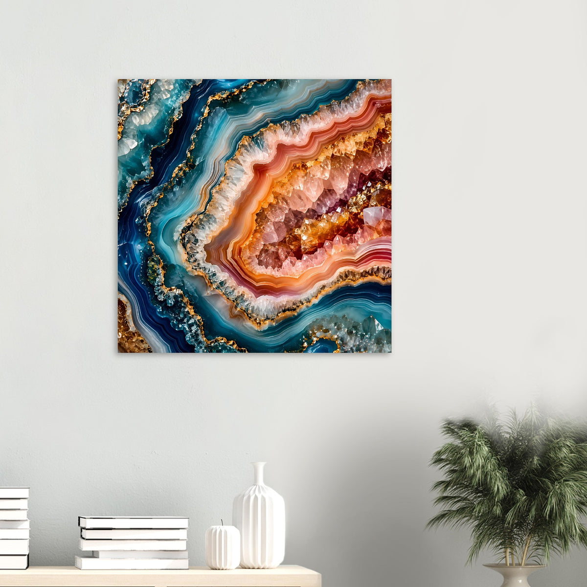 Poster mit Geoden-Optik in Blaugrün und Orange-Rosa, goldene Schichtlinien.