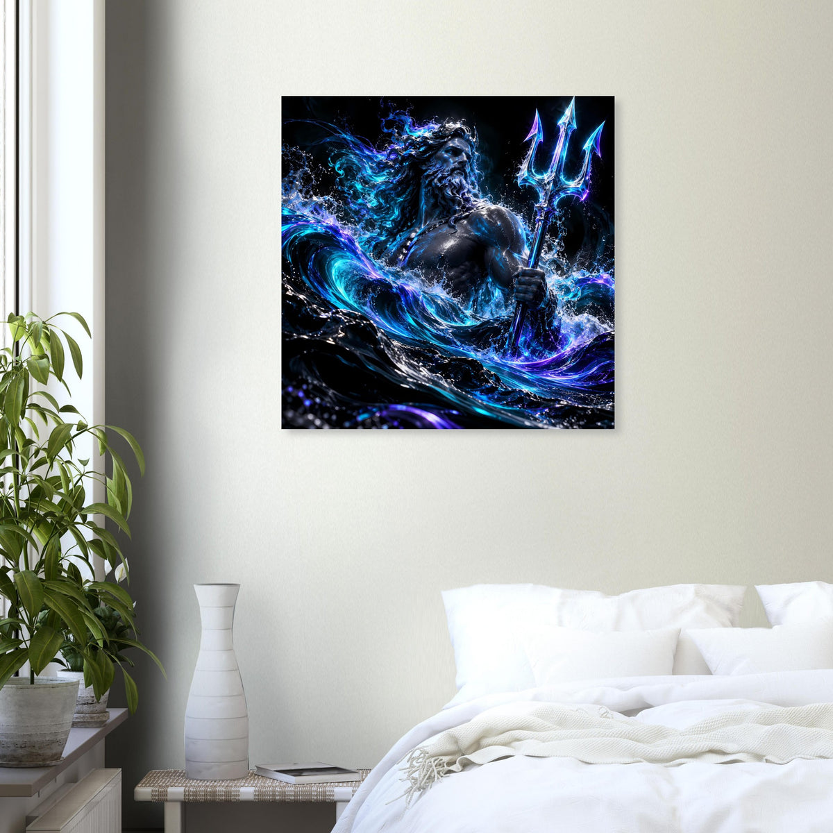 Quadratisches Poster: Poseidon mit Dreizack, blaue Energie wirbelt im Meer