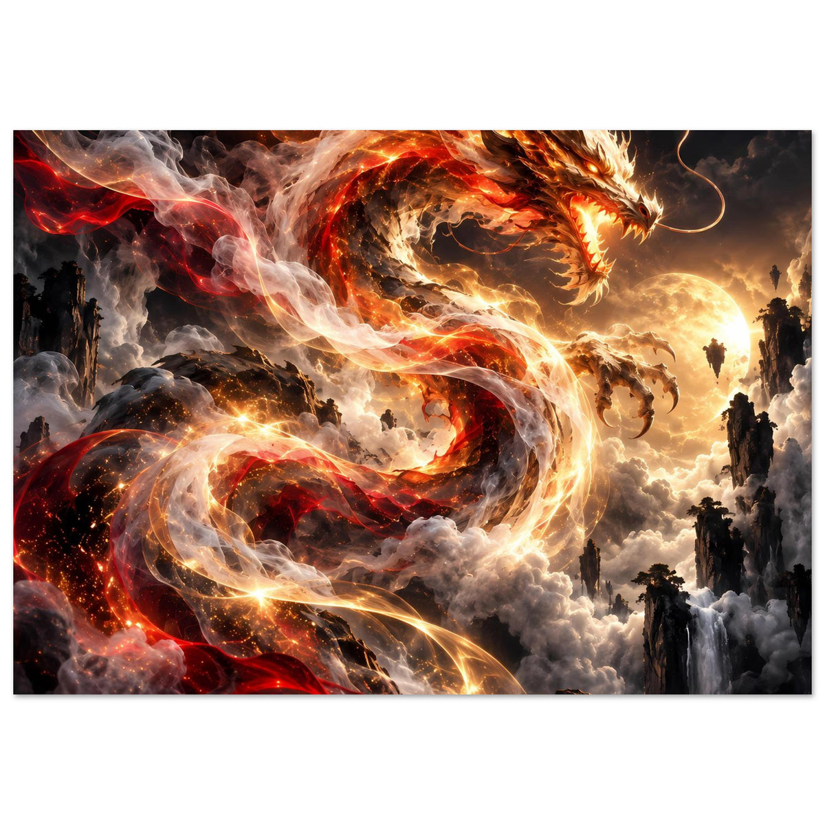 Fantasy-Poster mit Feuerdrache in Rot und Gold, Flammenring und Rauchwolken