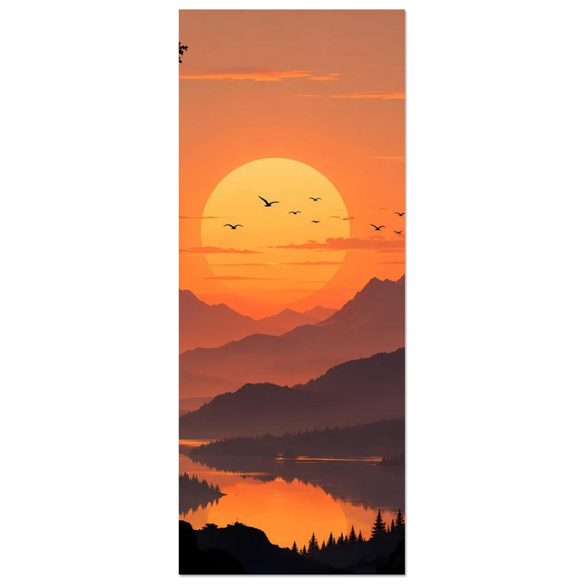 Landschaftsposter (Hochformat): Sonnenuntergang über Bergen und See, Vögel am Himmel