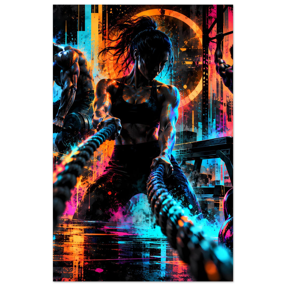 Neon-Fitnessposter-Ausschnitt mit zentraler Sportlerin und Hantel, orange-blaue Lichtspuren