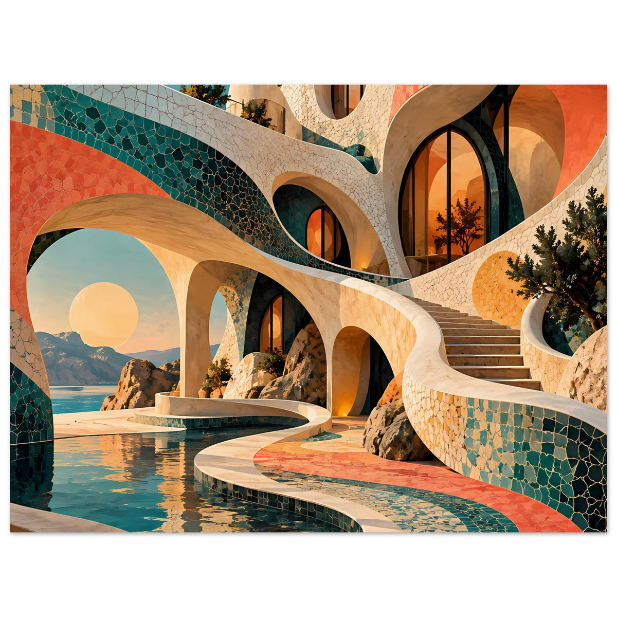 Kunstposter mit Mosaikbögen: türkisfarbene Kacheln, korallrote Akzente, Pool und Treppe