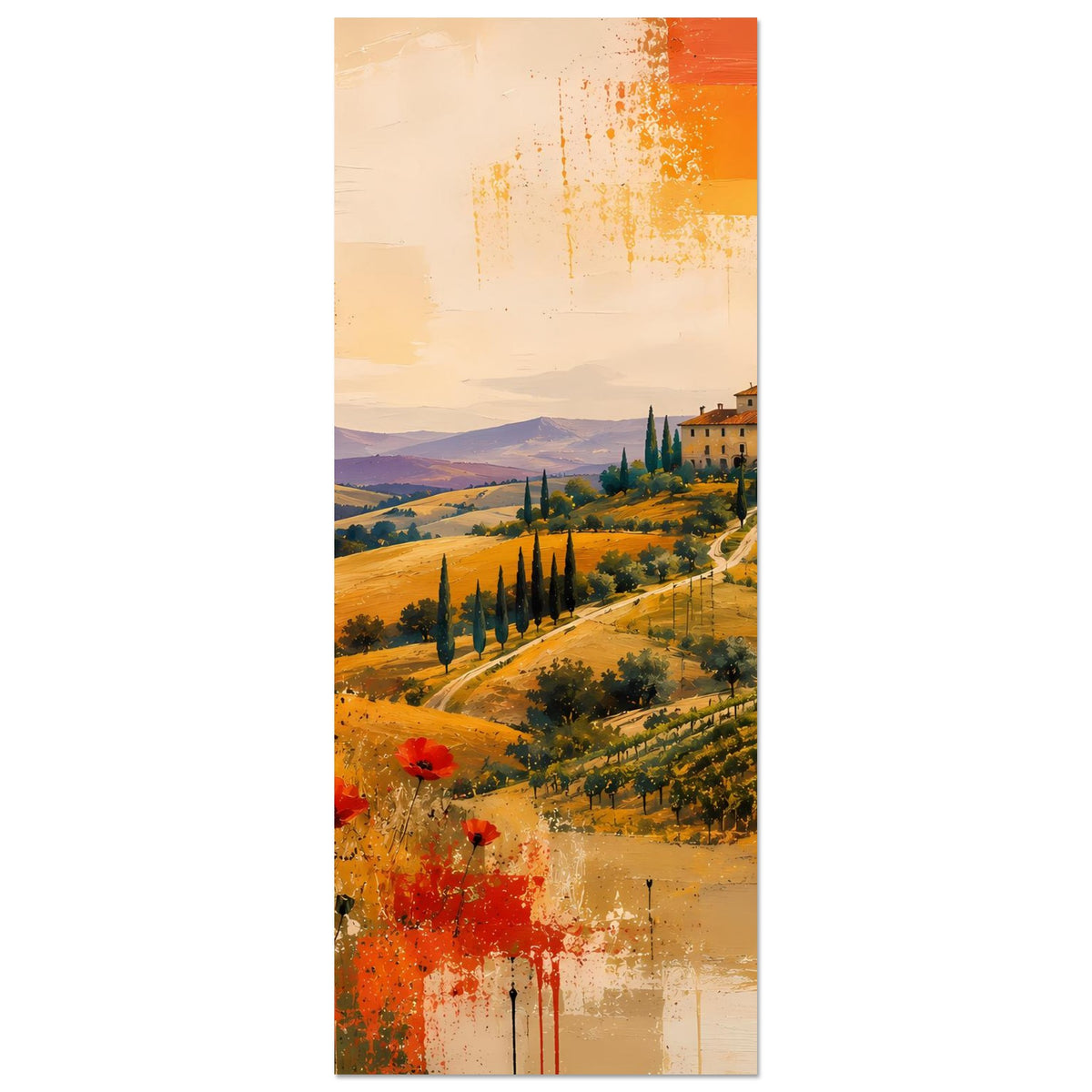 Abstraktes Poster hochkant mit toskanischer Landschaft, Zypressen und roten Mohnblumen.