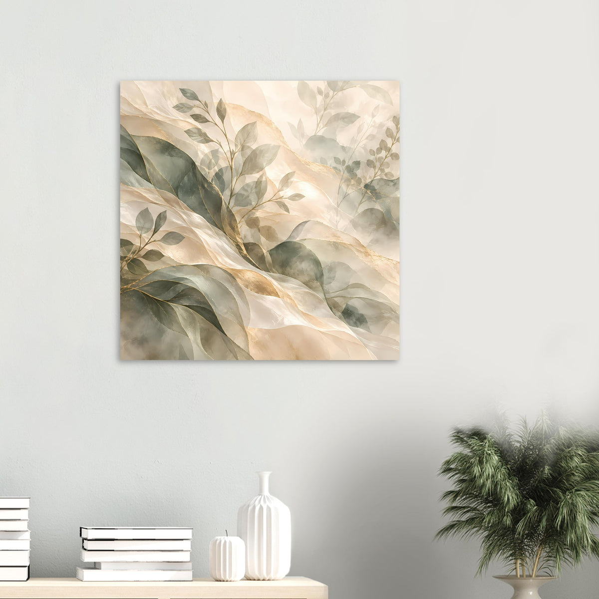 Quadratisches botanisches Kunstposter mit Blättern und Goldlinien in Creme und Salbei