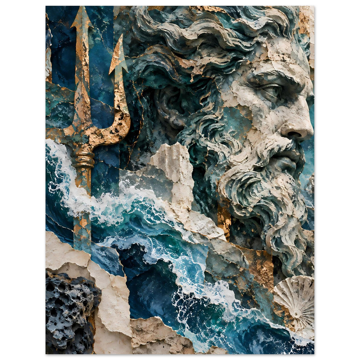 Neptun-Poster mit Skulpturgesicht im Profil, türkisblauen Wellen und Dreizack-Detail