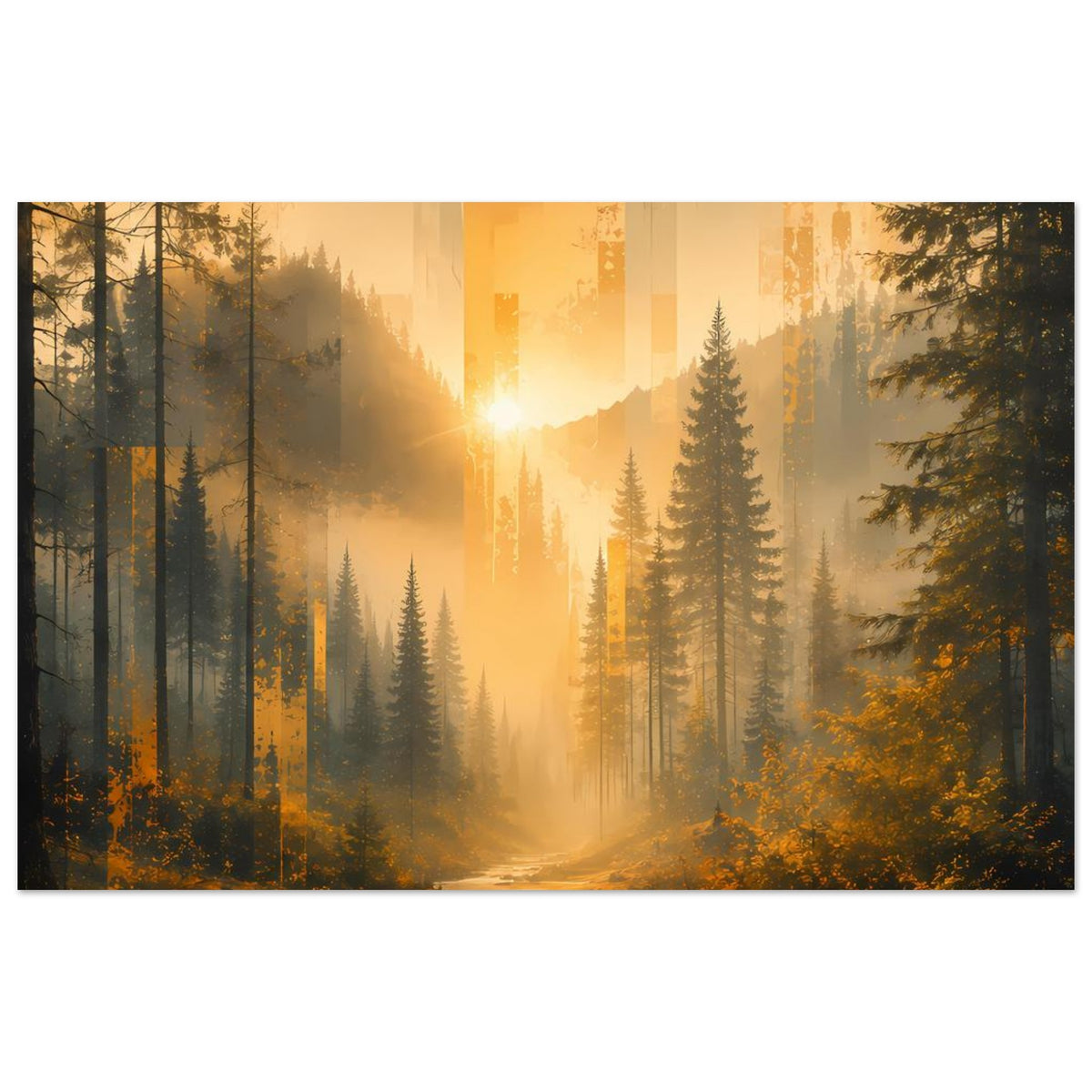 Wald-Poster im Querformat: Sonnenaufgang über verschlungenem Pfad und Flusslauf