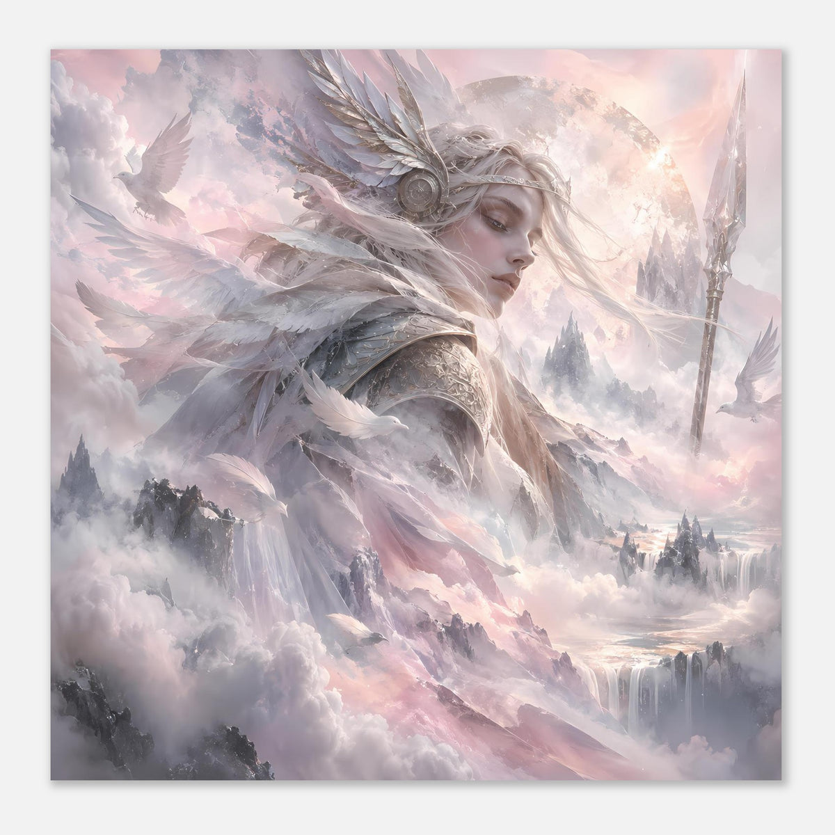 Nordisches Fantasy-Poster mit Walküre im Federhelm, Flügeln und Speer, blick nach unten