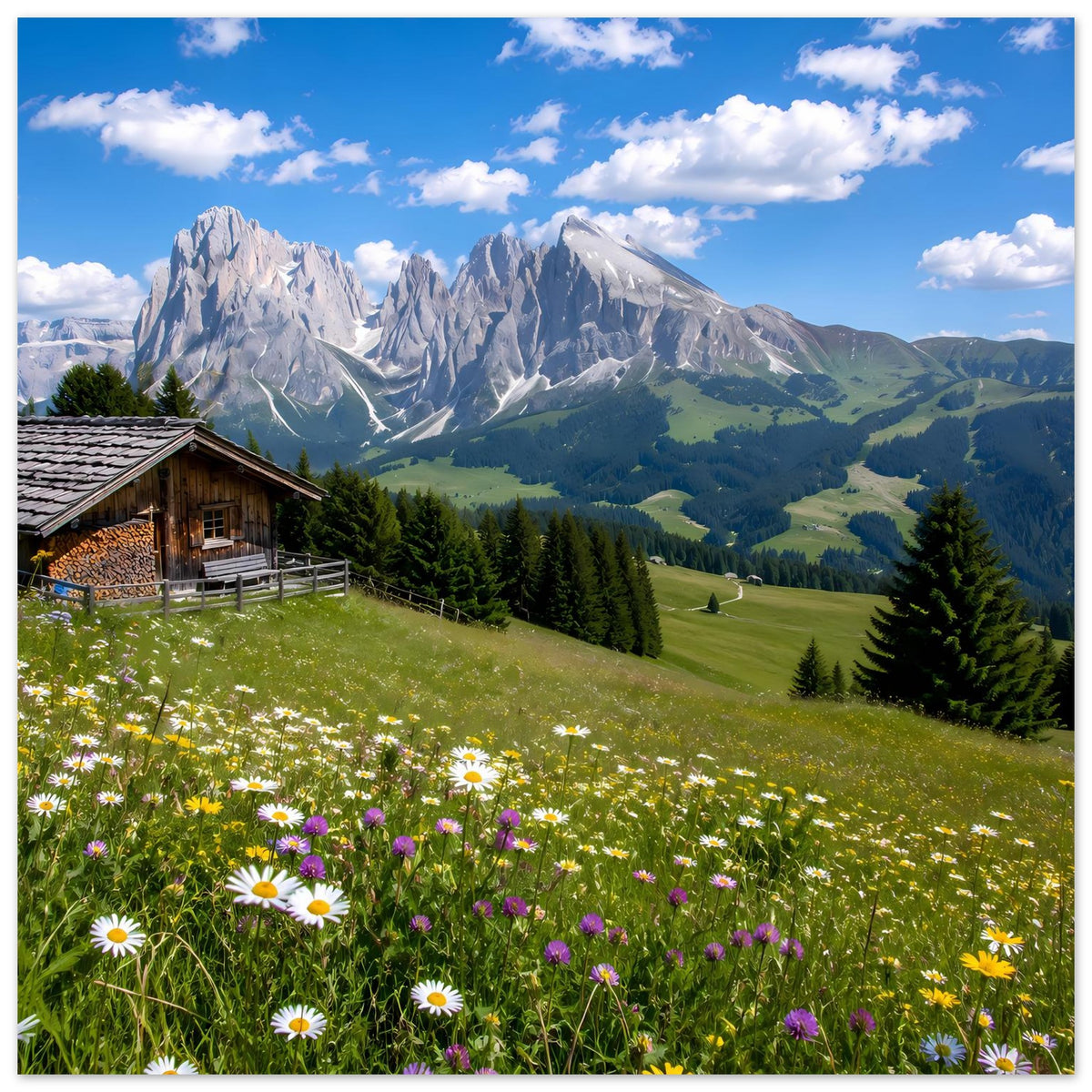Querformatiges Landschaftsposter: Alpengebirge, Wiese mit Margeriten und Holzhütte