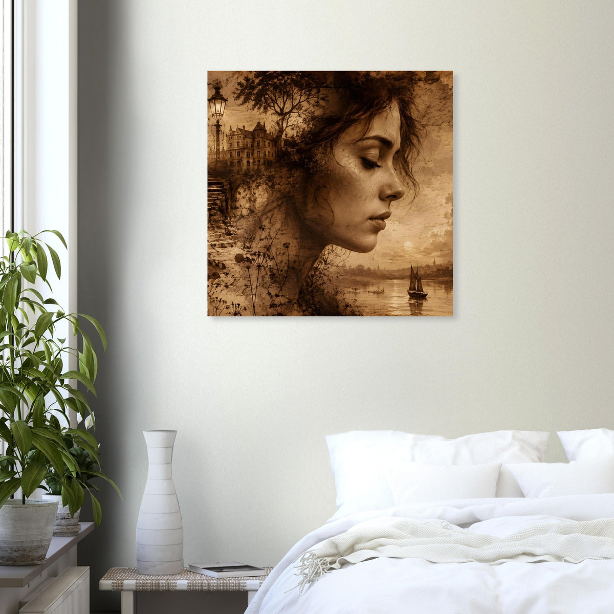 Quadratisches Wandposter in Sepia mit Frauenprofil und Leuchtturm/Fluss