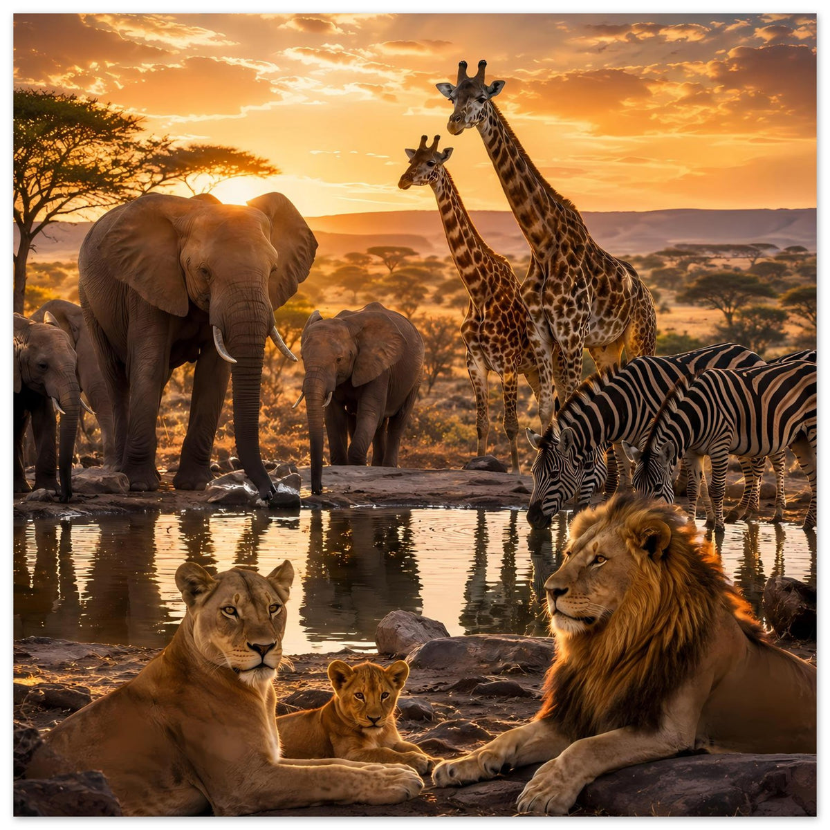 Landschafts-Poster mit zwei Löwen, Elefanten, Giraffen und Zebras an einer Wasserstelle