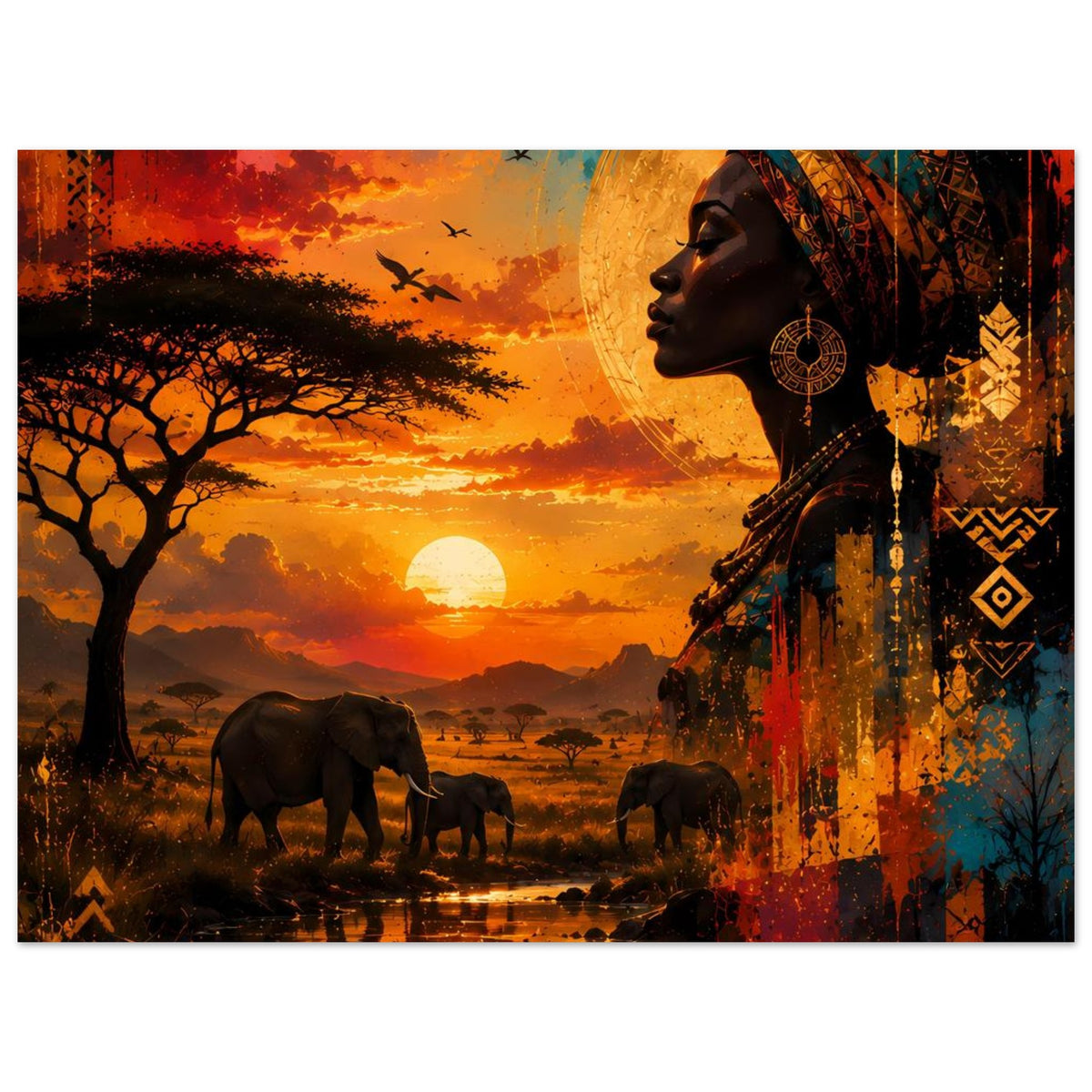 Poster mit afrikanischer Frau im Profil, Elefantenherde und fliegenden Vögeln