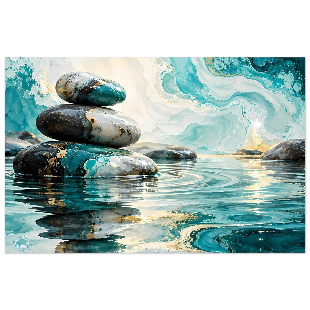 Zen-Poster mit gestapelten Marmorsteinen über türkisfarbenem Wasser, goldene Farbswirls
