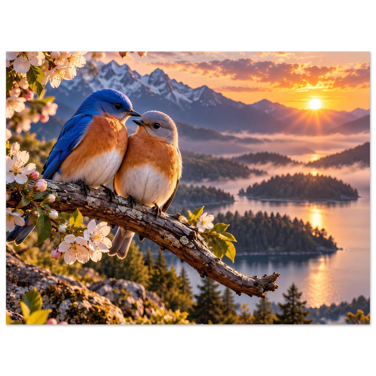 Querformat-Poster mit zwei Vögeln auf Ast, Blick auf Berge, Wald und goldenes Licht