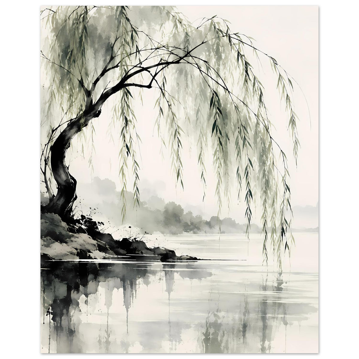 Naturposter im Hochformat: Weidenbaum mit hängenden Zweigen, Aquarelllandschaft