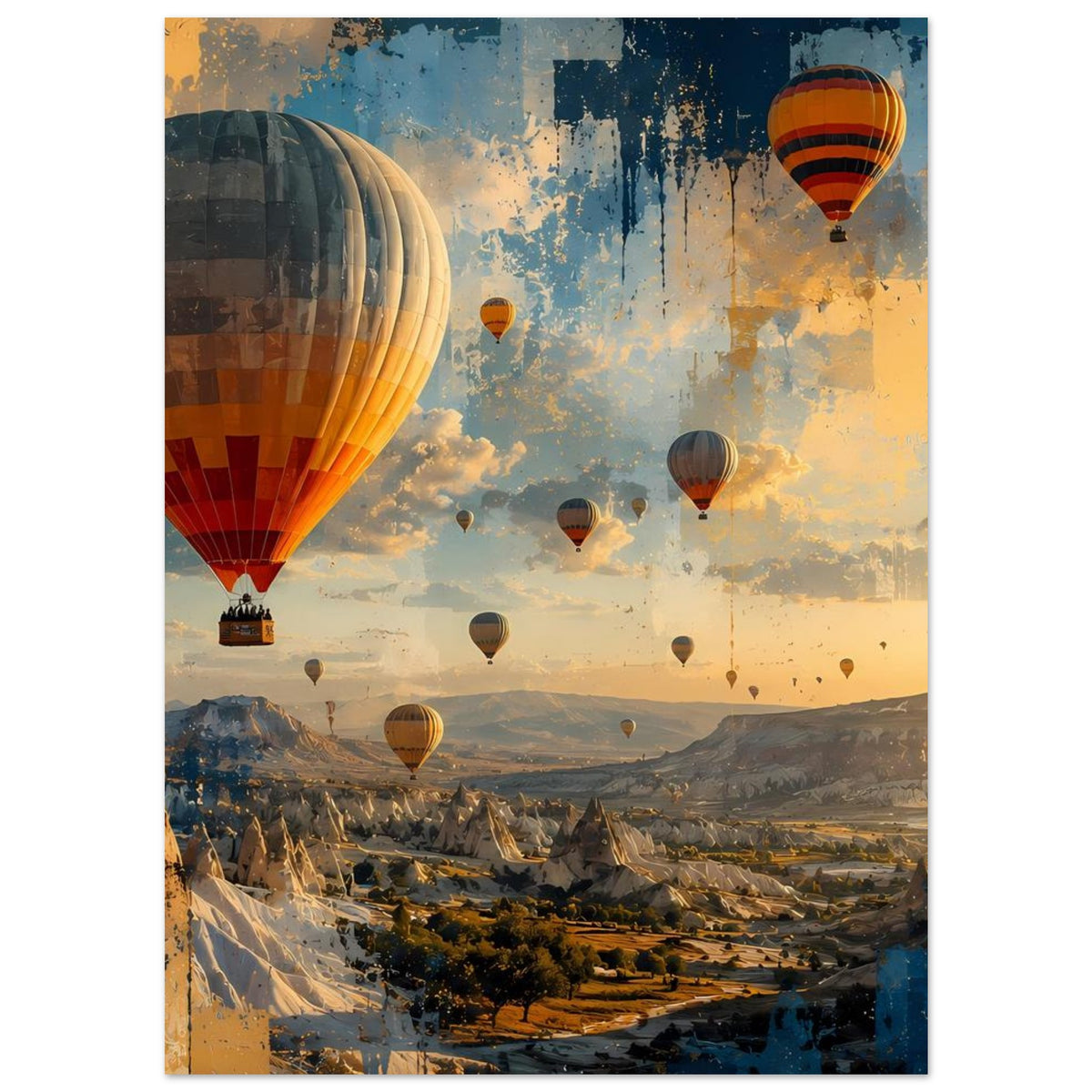 Poster mit mehreren Heißluftballons am Himmel und Tälern, abstrakte Sprühoptik im Hintergrund