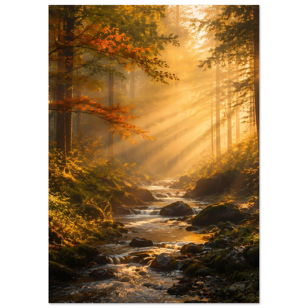 Waldposter mit warmem Sonnenlicht im Wald, Bach mit schimmernden Wellen