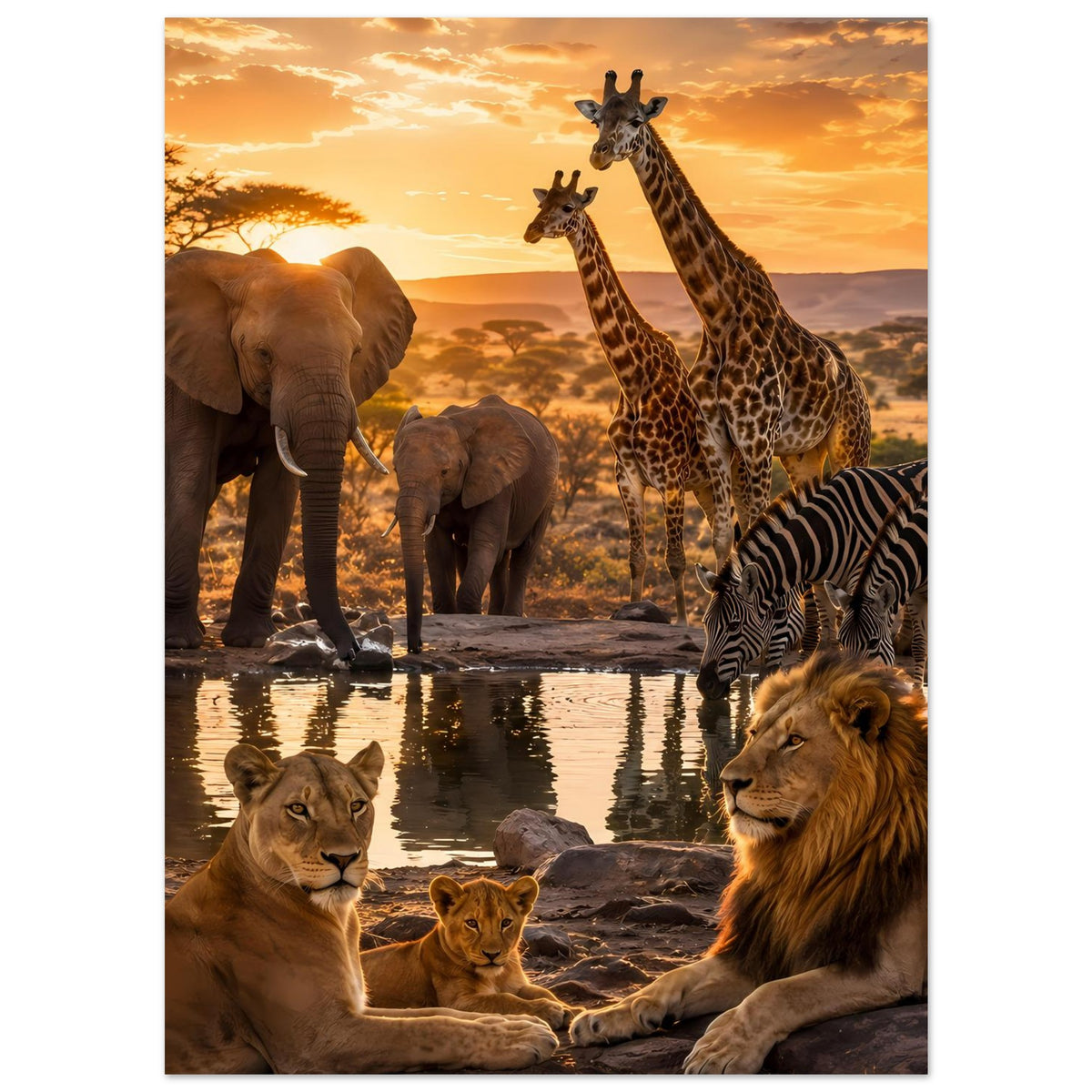 Vertikales Tiermotiv-Poster mit Löwen, Elefanten, Giraffen und Zebra am Wasser
