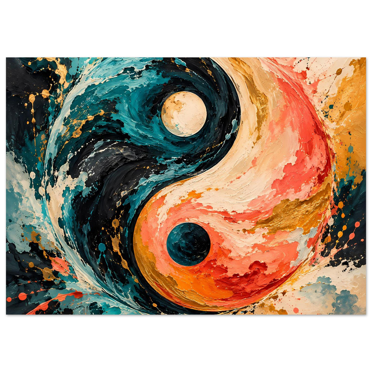 Abstraktes Yin-Yang-Poster, quer: türkis-schwarz und orange, yin-yang-artige Kreise