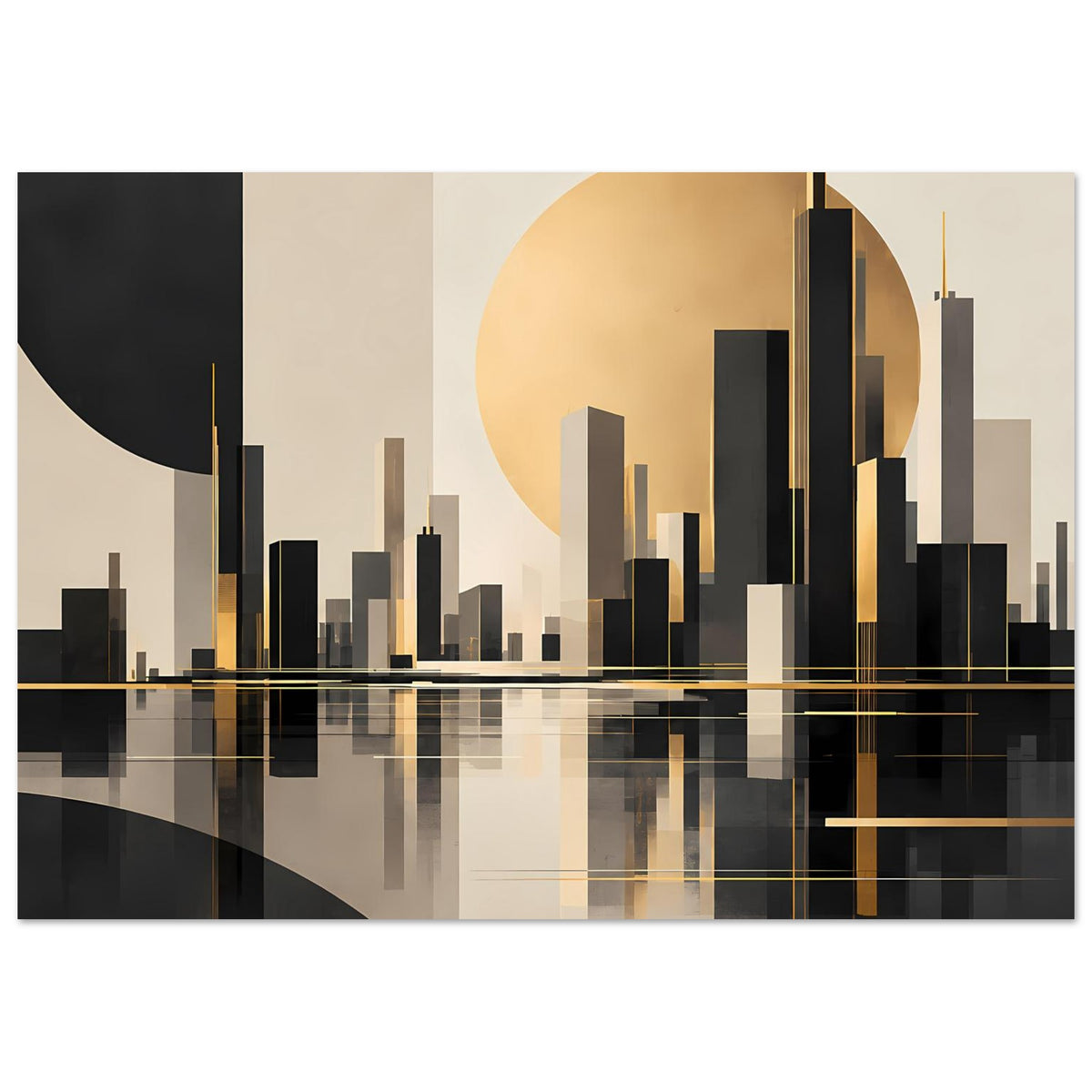 Art-Deco-Poster: goldene Stadt-Silhouette, schwarze Hochhäuser, beiger Mond und Spiegelung.