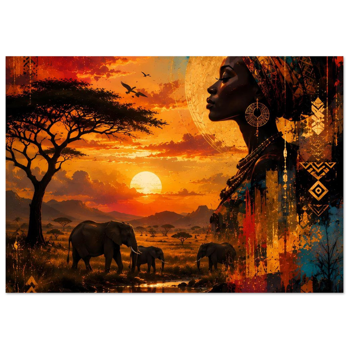Poster mit afrikanischer Frau im Profil, goldener Himmel, Elefanten in der Savanne