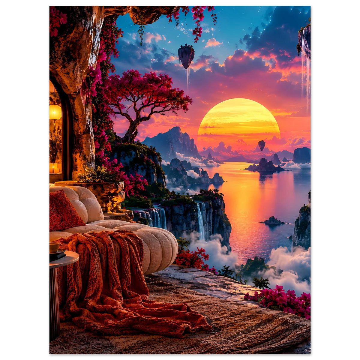 Poster im Hochformat: goldene Sonne, fließendes Wasser, Berge und bunte Blüten am Wegesrand.