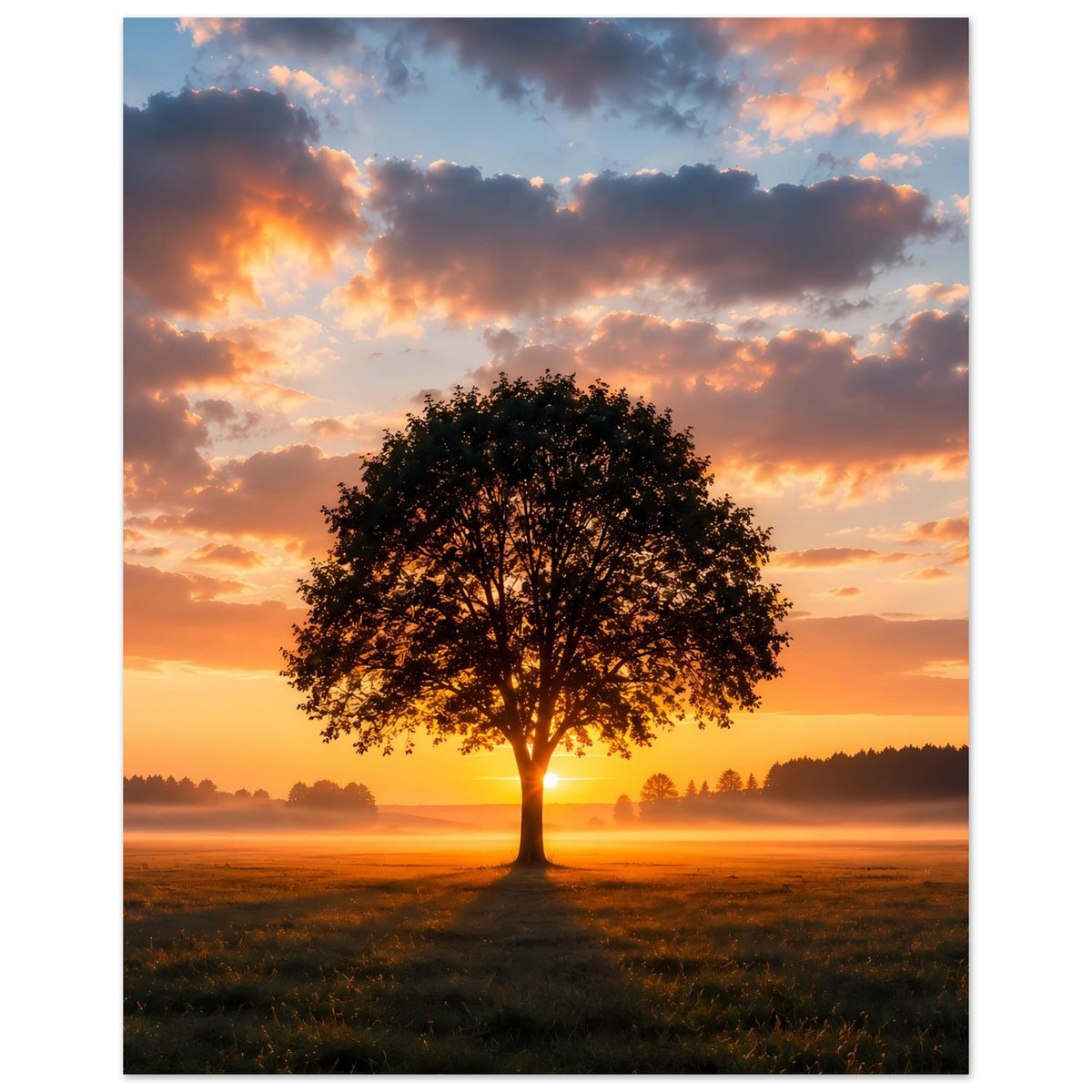 Poster im Hochformat: Baum bei Sonnenuntergang über Feld mit orangefarbenem Licht