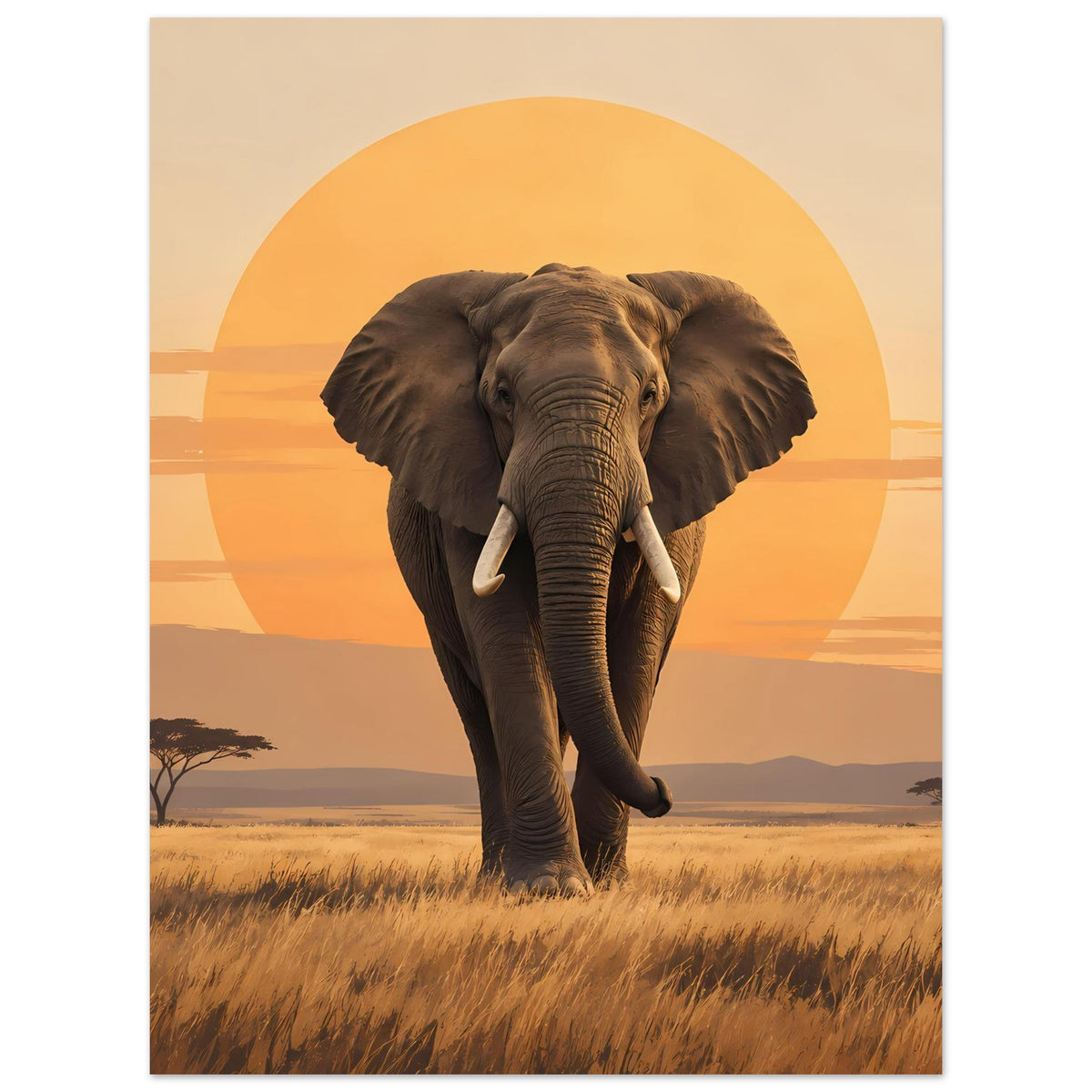 Matte Poster mit Elefant im Vordergrund, goldener Sonnenkreis und Savannenlandschaft