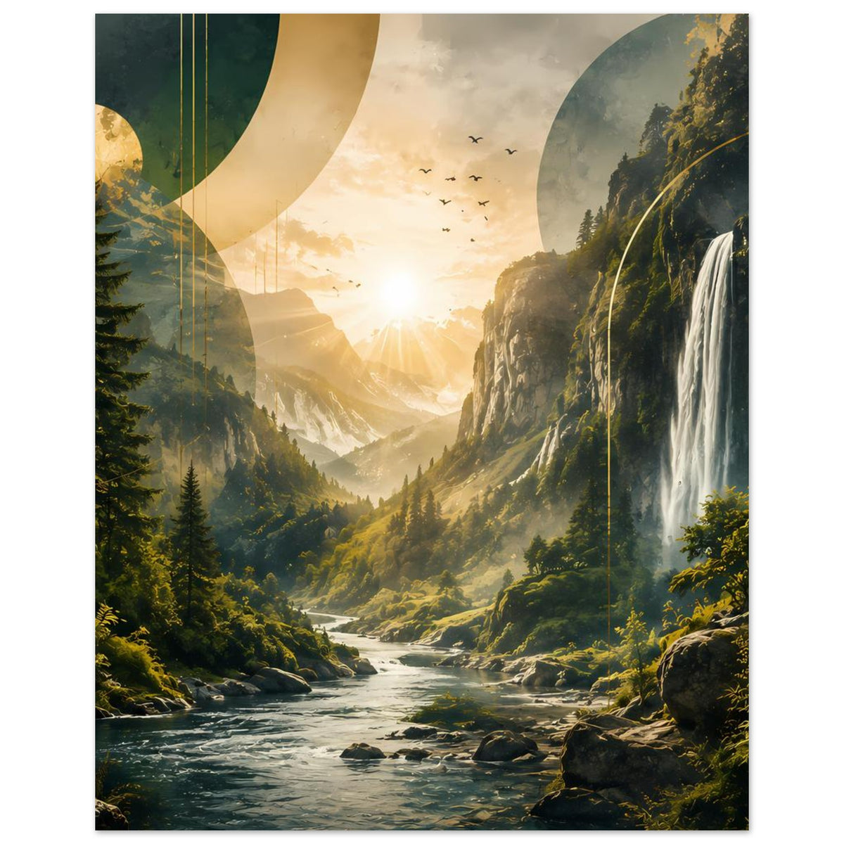 Landschafts-Poster mit Wasserfall am Rand, Flusstal, Sonnenaufgang und Vögeln am Himmel