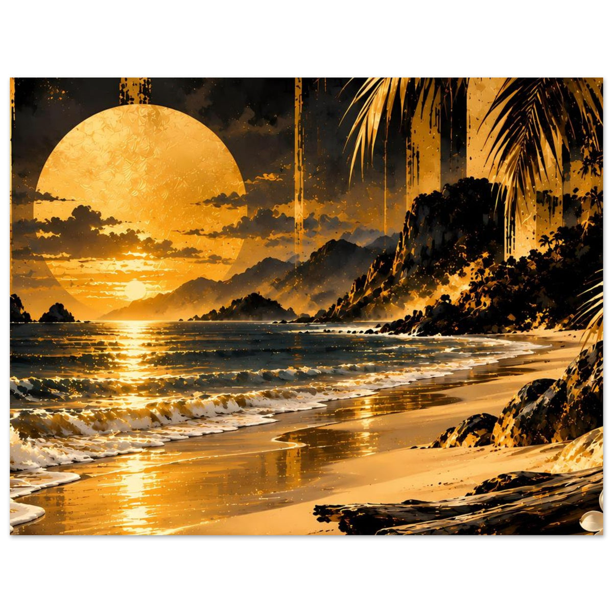 Horizontales Poster mit Sonnenuntergang am Meer, Sandstrand und Palmen