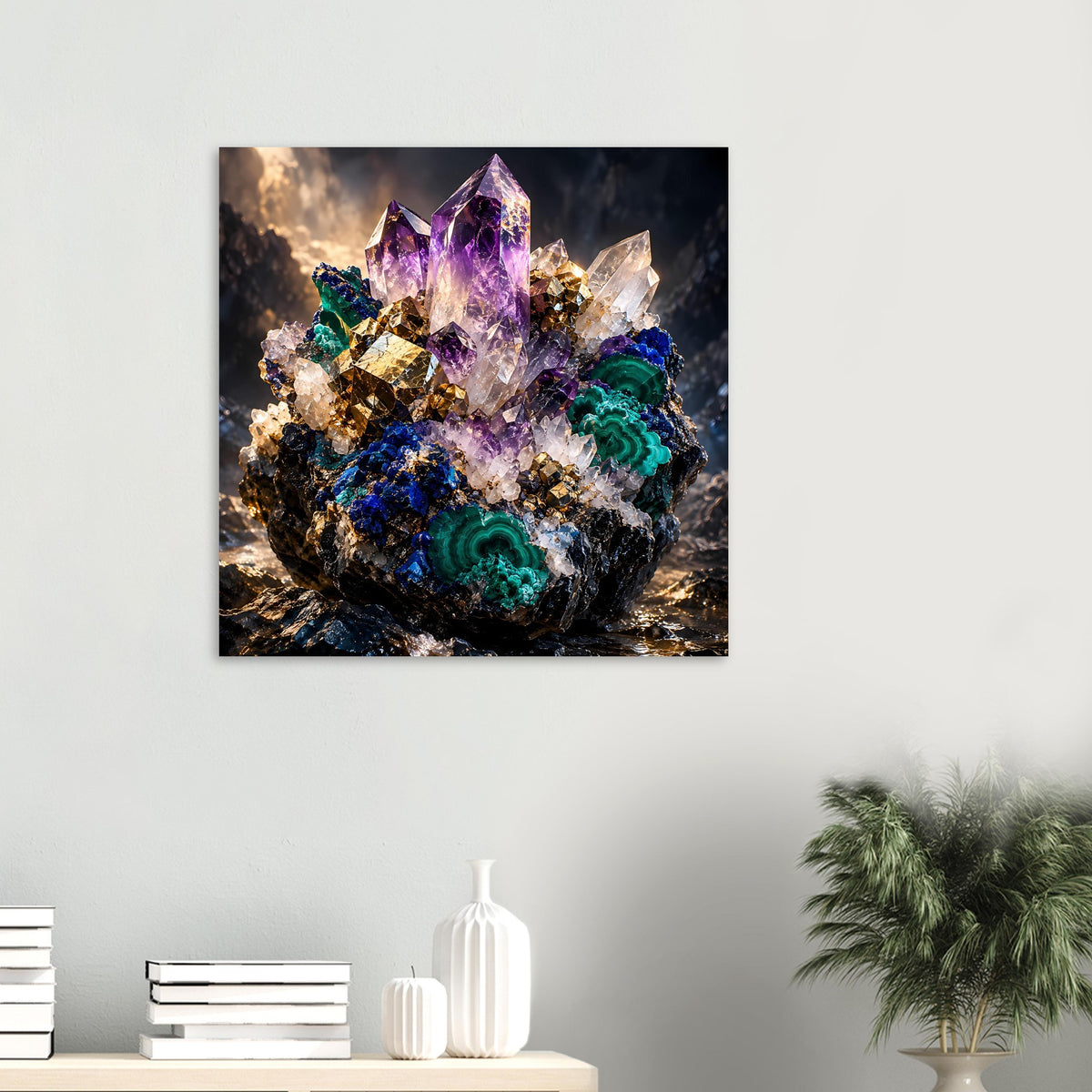 Kristallposter an der Wand: violette Amethystkristalle, türkisgrüne Malachit-Effekte, goldene Akzente.