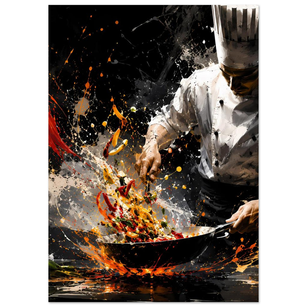 Küchenchef-Actionposter im Hochformat: Kochjacke und Pfanne mit Spritzern in Rot und Gelb.