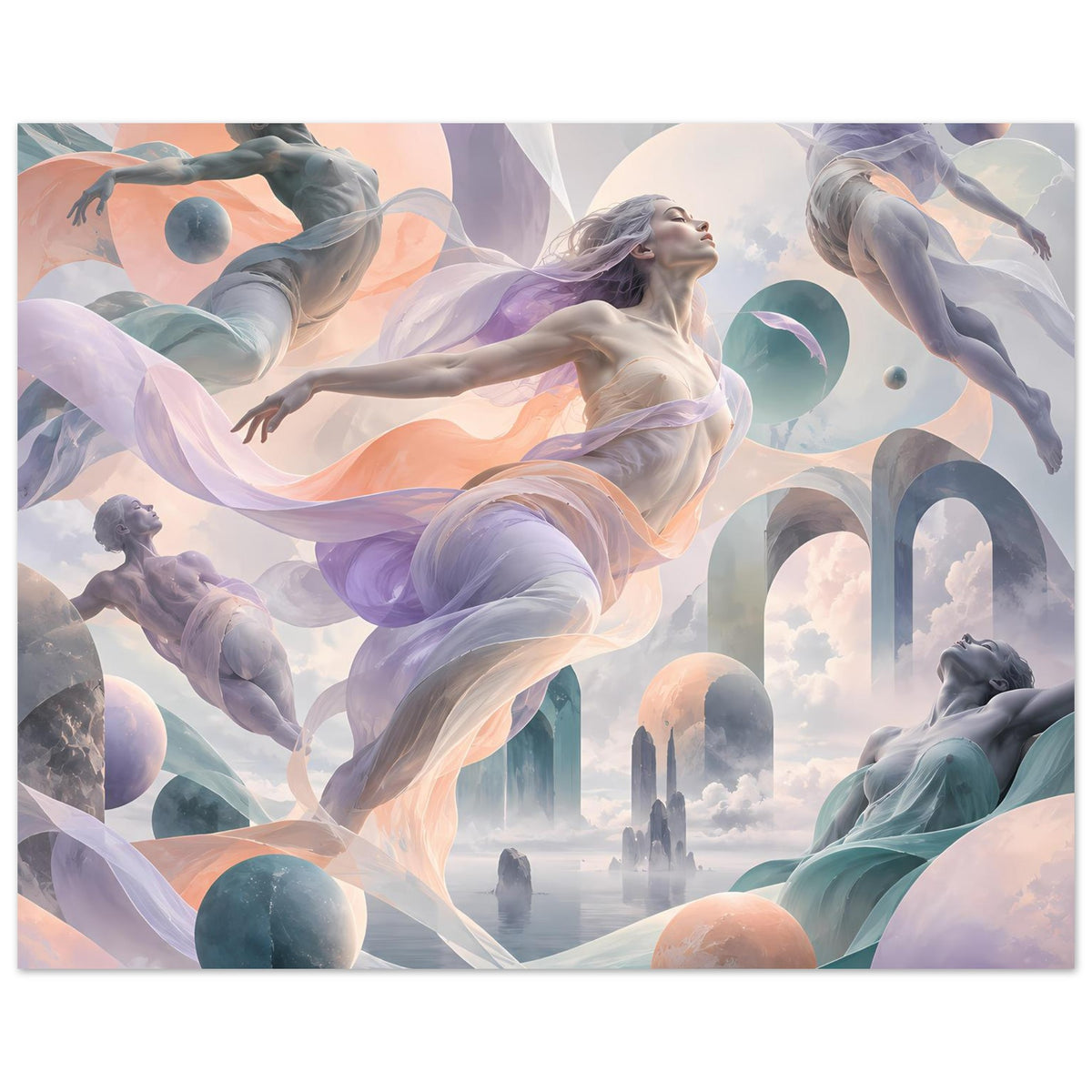 Kunstposter mit eleganten Tänzerinnen und schwebenden Figuren in Soft-Pastell