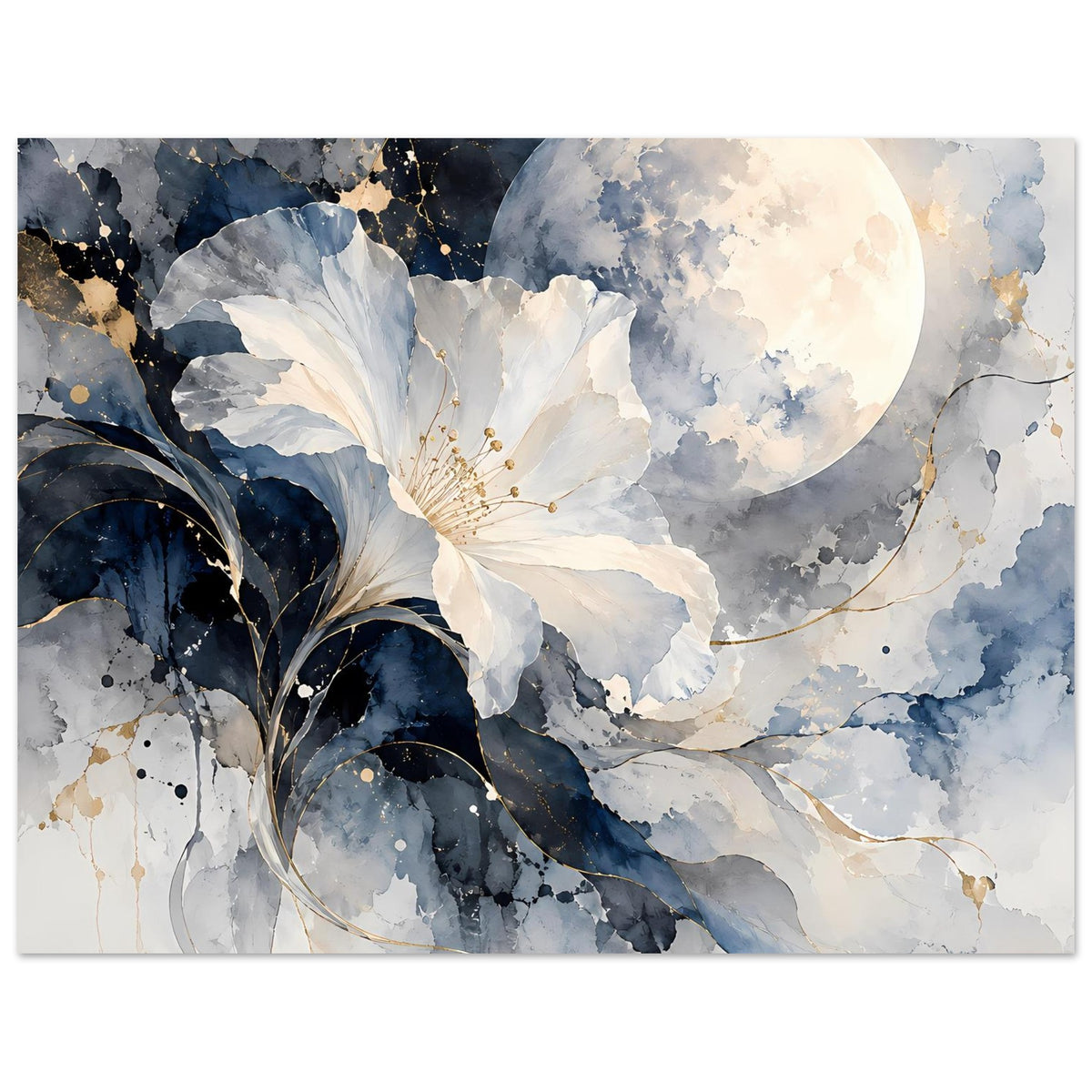 Wandposter im Querformat: Mondsichel und weiße Blüte, umgeben von Aquarell in Blau