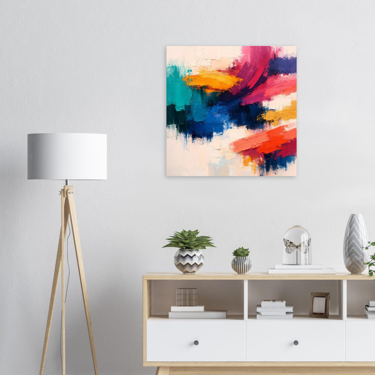 Abstraktes Expressionismus-Poster mit Farbklecksen in Blau, Pink, Orange und Weiß