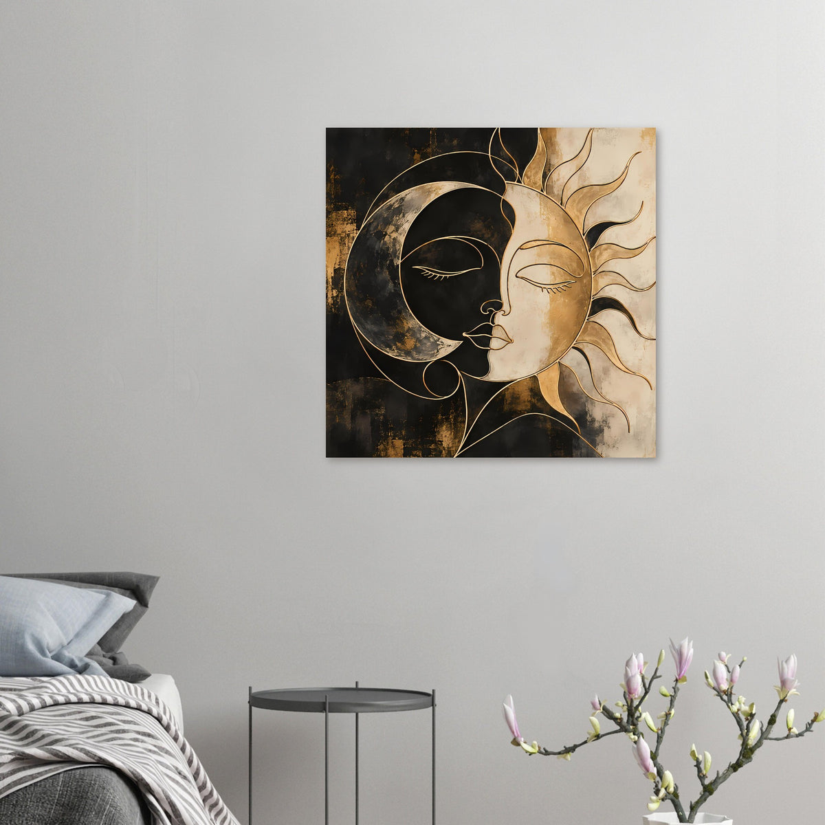 Kleines Kunstposter mit Yin-Yang-Gesichtern: Mond links, Sonne rechts, goldene Konturlinien